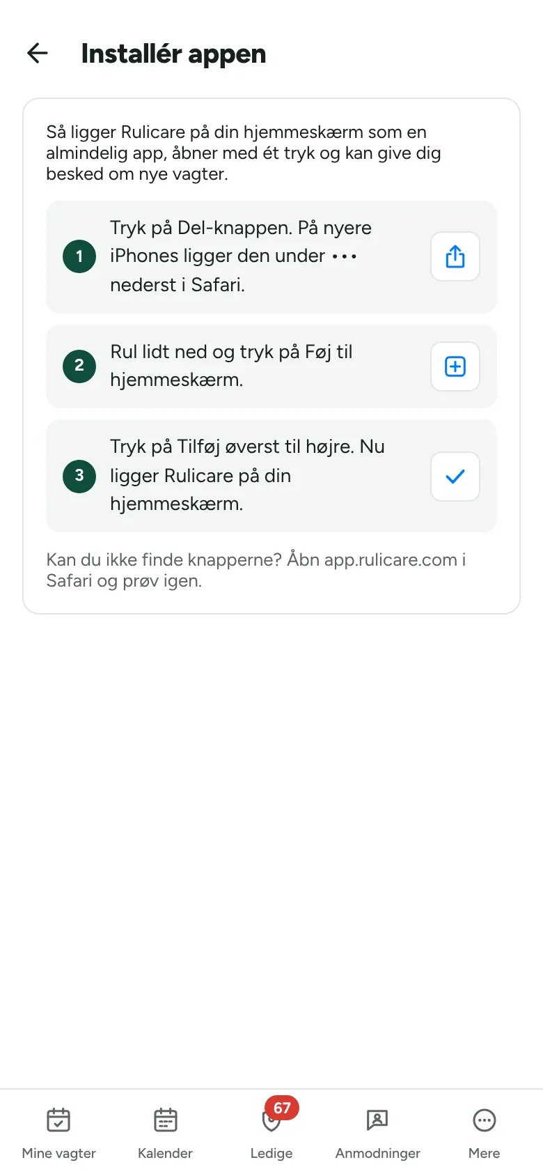 Guiden til at lægge Rulicare på hjemmeskærmen på en iPhone i tre trin.