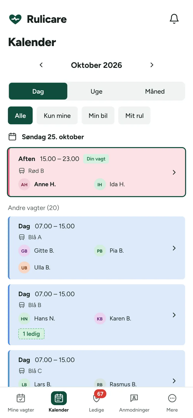 Kalender med filtrene Alle, Kun mine, Min bil og Mit rul. Egen vagt står øverst.